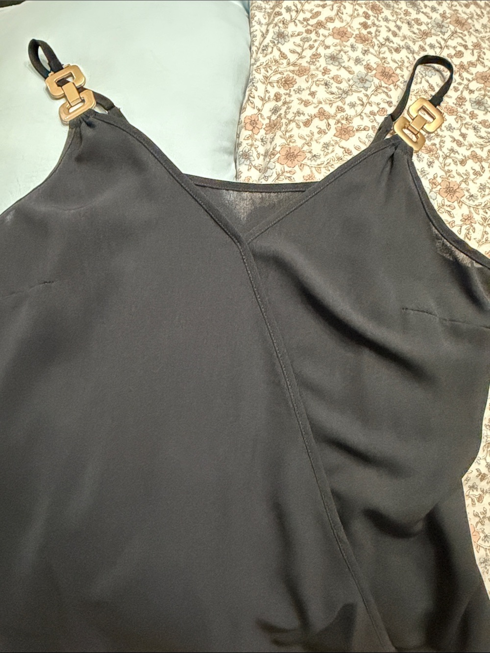 SHEIN Black Satin Cami with Gold Link Straps